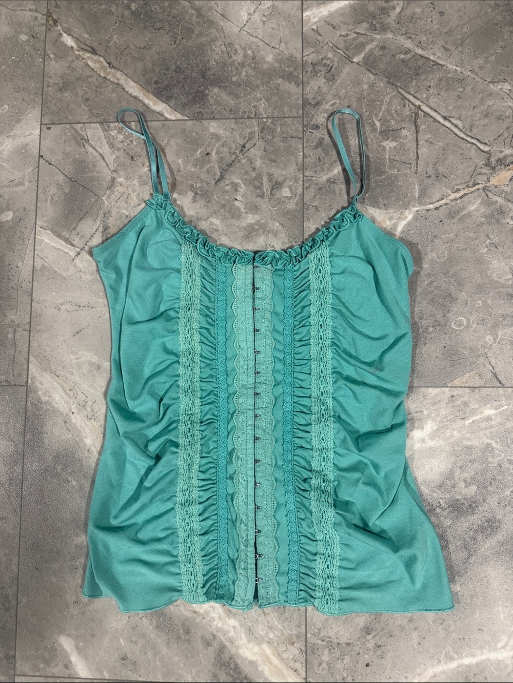 Guess Teal Lace-Front Ruffle Camisole